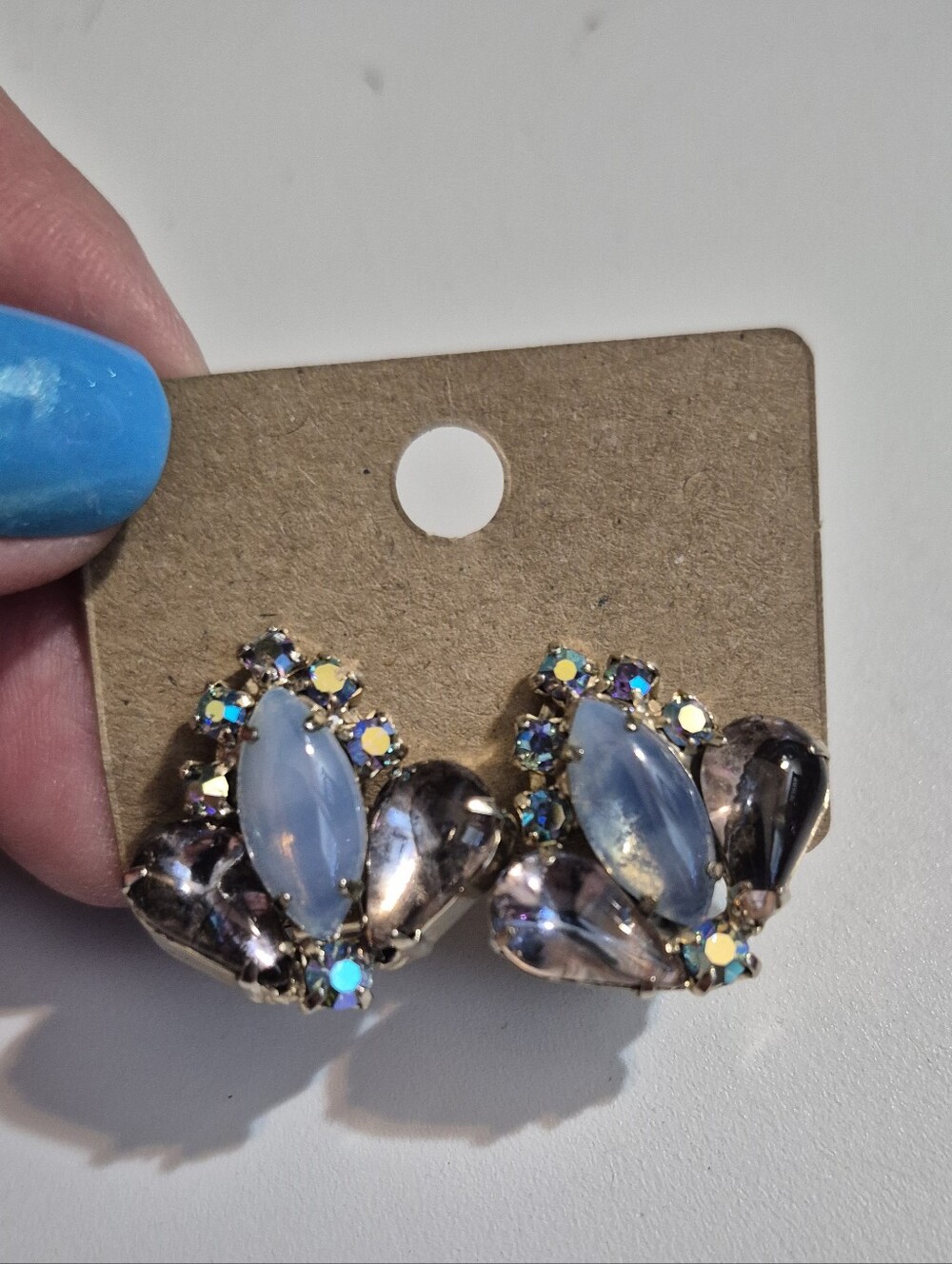 Antique Blue Opal Teardrop & Rhinestone Earrings Clip On Blue